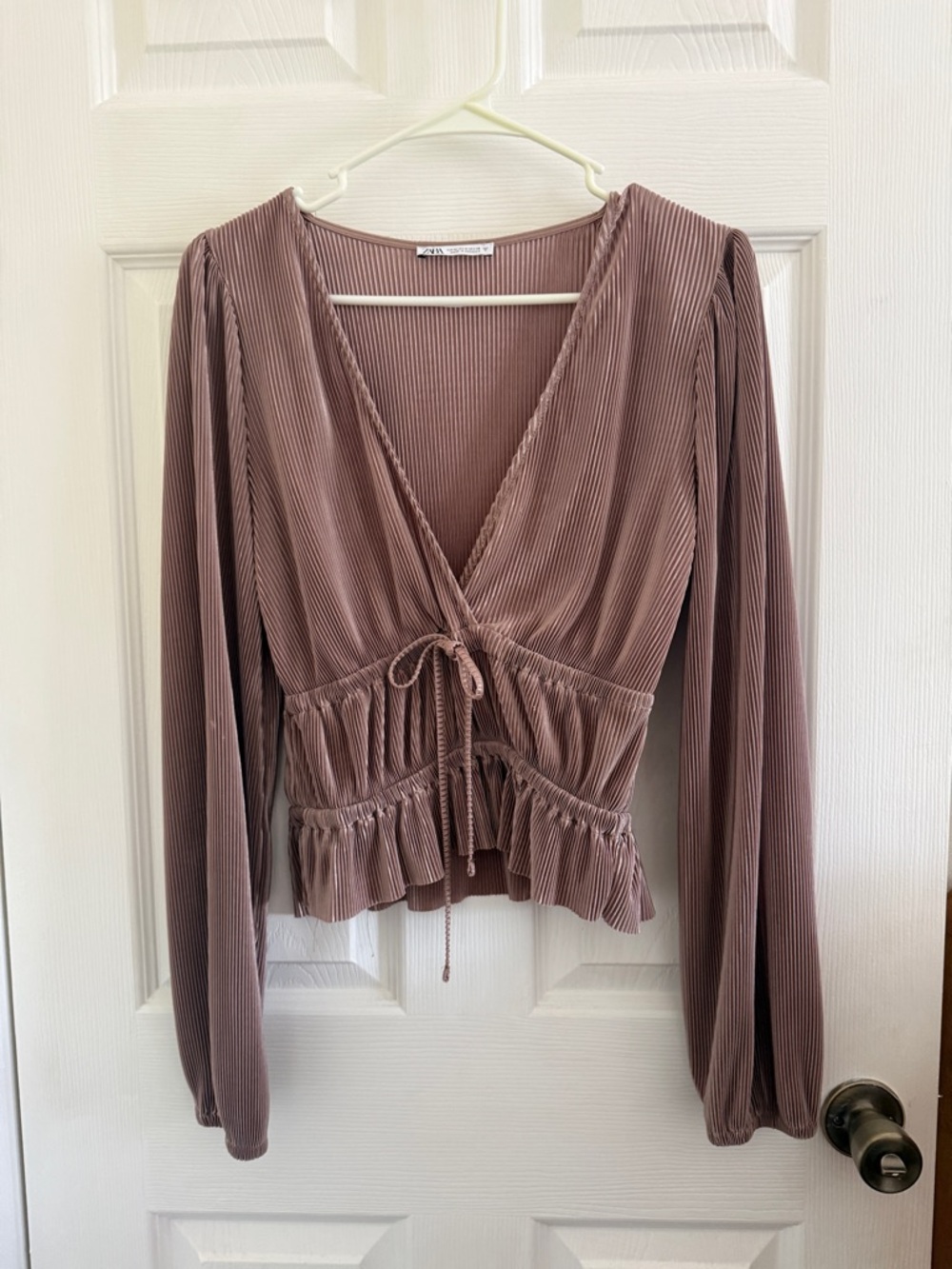 Zara Ribbed Wrap Peplum Long-Sleeve Top (Size medium)